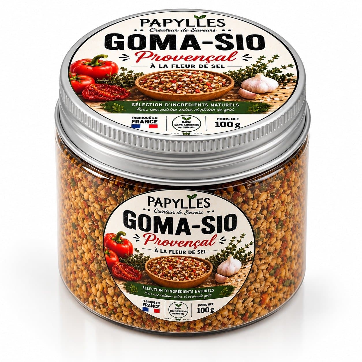 Boîte de Goma-Sio Provençal à la fleur de sel PAPYLLES, 100 g, fabriqué en France